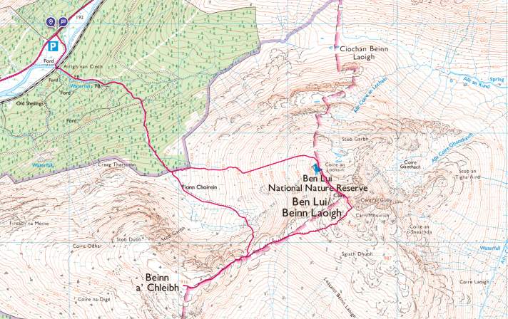 Route map for Beinn a' Chlèibh and Ben Lui.