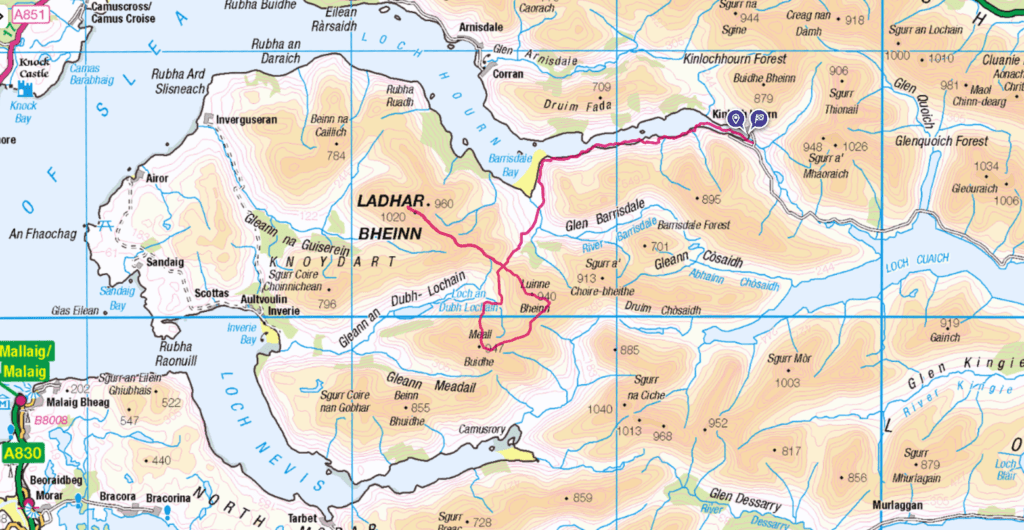 Ladhar Bheinn Luinne Bheinn Meall Buidhe - wild camping - OS Map