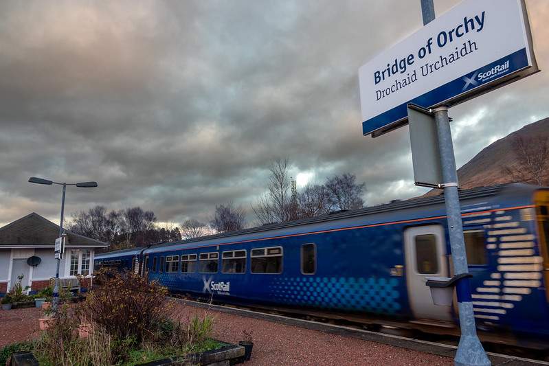 Scotrail train coming into Bridge of Orchy