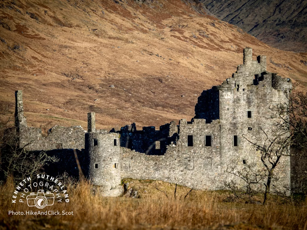 Kilchurcn Castle in the low sunlight of sunrise.